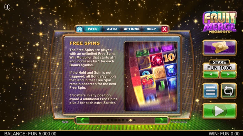 Fruit Merge Megapots - faisnéis faoi Free Spins agus iolraitheoir